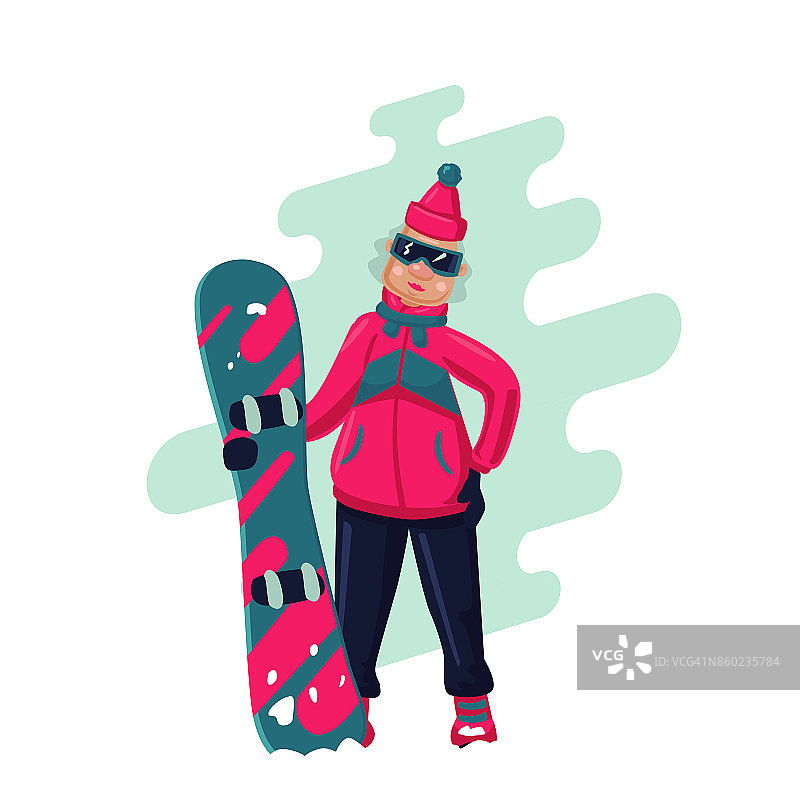 滑雪板的女人。卡通插图。积极的运动。图片素材