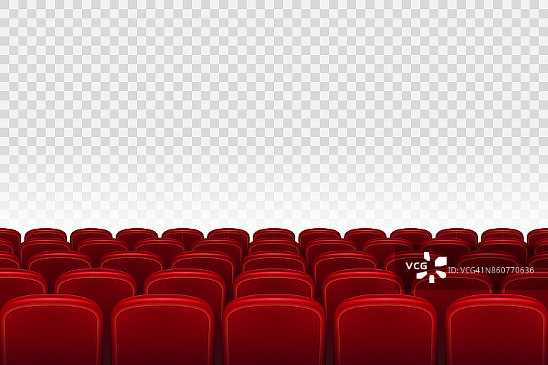 空荡荡的电影院礼堂里有红色的座位。一排排的红色电影院电影院的座位上透明的背景，矢量插图图片素材
