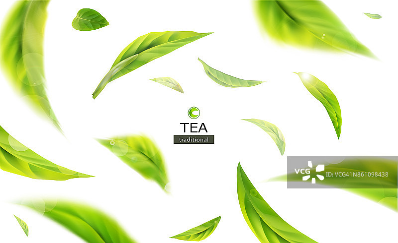 矢量3d插图与绿色茶叶在白色的背景上运动。元素用于茶产品的设计、广告、包装图片素材