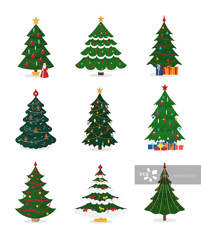 圣诞新年树向量图标与装饰明星圣诞礼物设计节日庆祝冬季派对植物图片素材