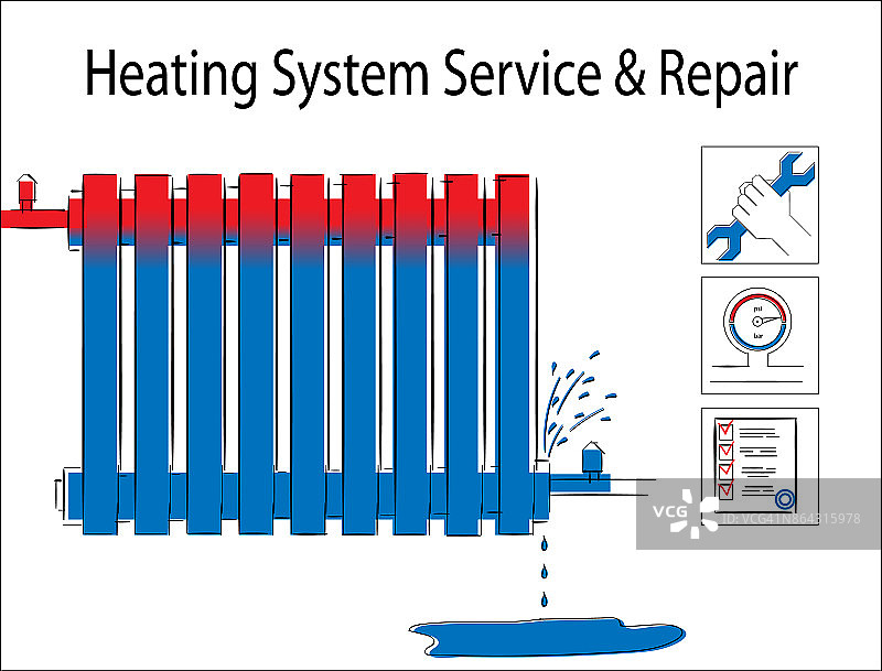 供暖系统服务和维修。带有漏的暖气散热器的插图。图片素材