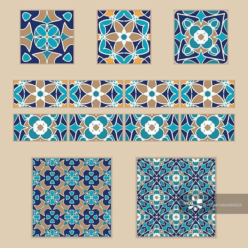 摩洛哥瓷砖和边界的向量集。为设计和时尚收集的彩色图案图片素材