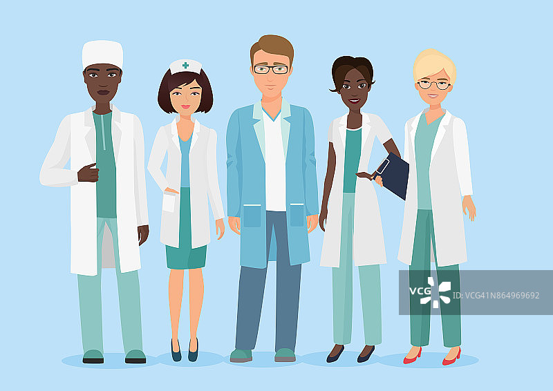 矢量卡通插图医院医护人员队伍，医生和护士的人物。医学概念。图片素材