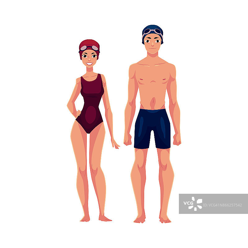 游泳的，男人和女人，穿着泳衣，帽子和护目镜图片素材