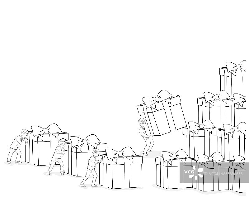 小人送的礼物堆积如山。假日的概念。矢量插图。图片素材