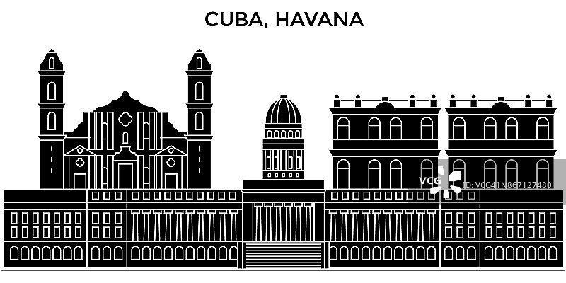古巴，哈瓦那城市建筑向量城市天际线，旅游城市景观与地标，建筑，孤立的景观背景图片素材