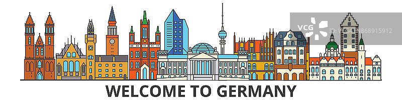 德国勾勒天际线、德国平细线图标、地标、插图。德国城市景观，德国旅游城市矢量旗帜。城市的轮廓图片素材
