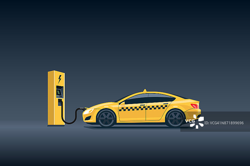 黄色电动出租车在充电站充电图片素材