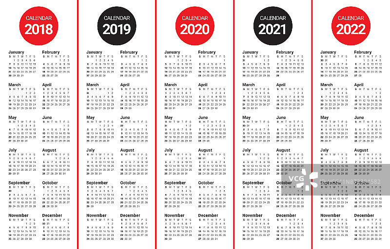 2018年2019年2020年2021年2022年日历矢量设计模板图片素材