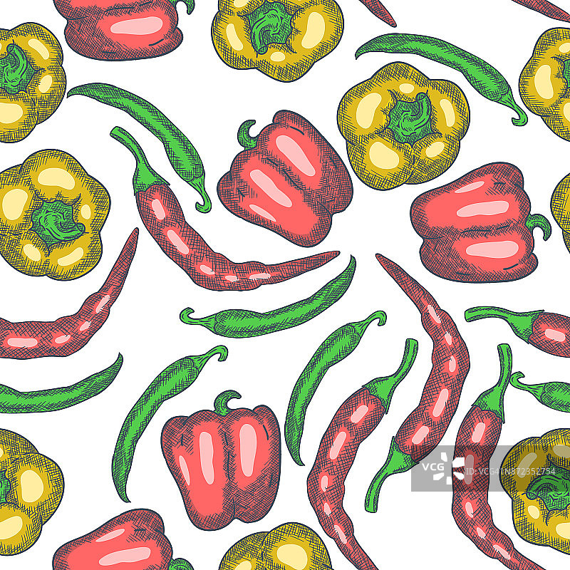 胡椒手绘草图无缝模式背景。向量图片素材