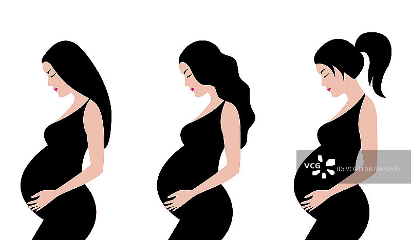 简单可爱的彩色矢量插图黑色孕妇与不同的发型在黑色连衣裙。图片素材