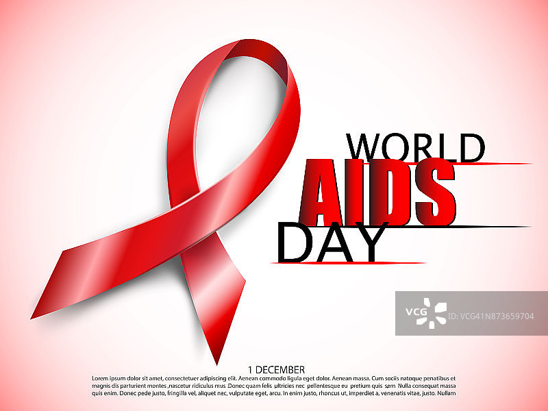 真实的红色艾滋病丝带。世界艾滋病日的概念在红色背景与灯光效果。矢量插图。图片素材