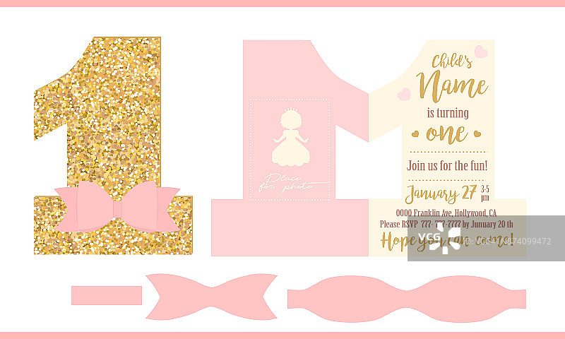 第一个女孩生日派对。小公主的请帖。金色和粉红色。成形的邀请，第一。图片素材