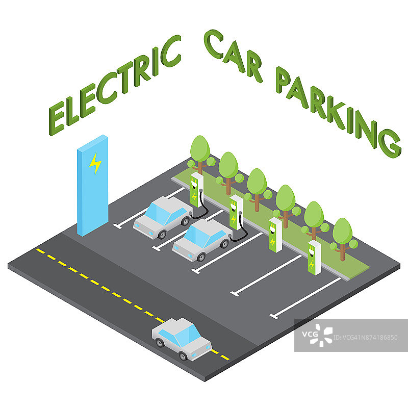 电动汽车停车概念，等距汽车充电站图片素材