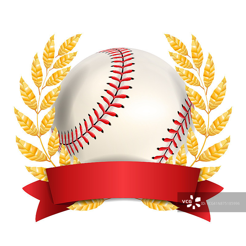 棒球奖向量。体育标语的背景。白色的球，红色的针，红色的缎带，月桂花环。3D现实孤立的插图图片素材