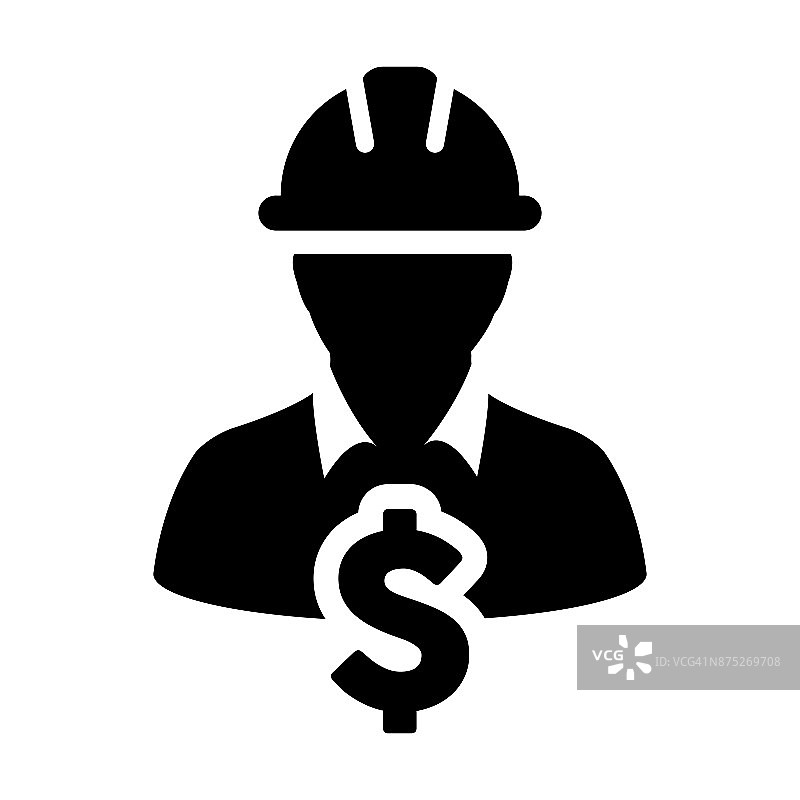 工人图标向量美元符号符号与男性建筑轮廓头像在字形象形图图片素材