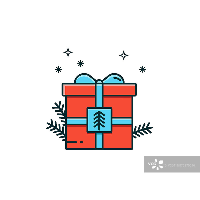 圣诞和新年礼盒装饰与松树枝，蓝色丝带和蝴蝶结在平色线设计。目前包装矢量插图在薄线性风格。惊喜包象形图。图片素材