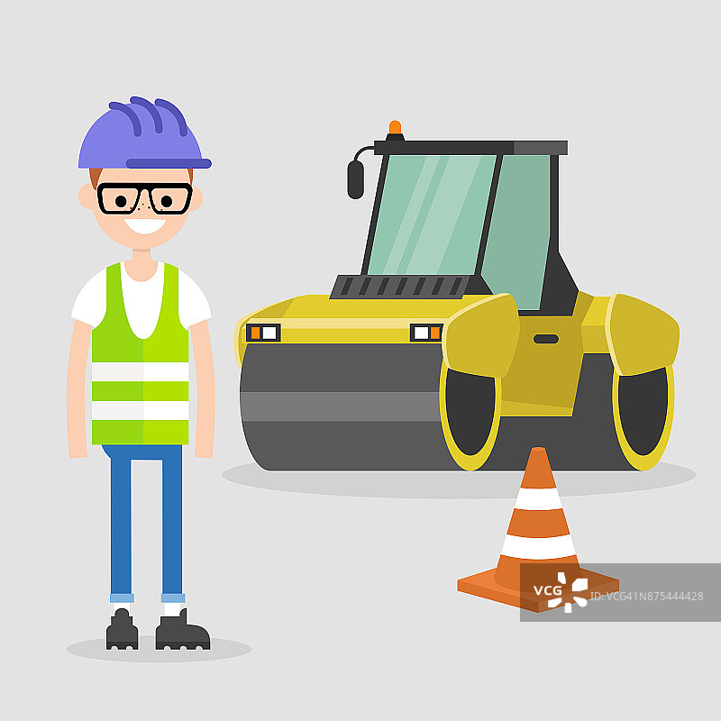 年轻的工程师戴着安全帽和反光背心。沥青铺路。工业插图。黄色压路机和橙色圆锥。平面矢量插图，剪辑艺术。图片素材