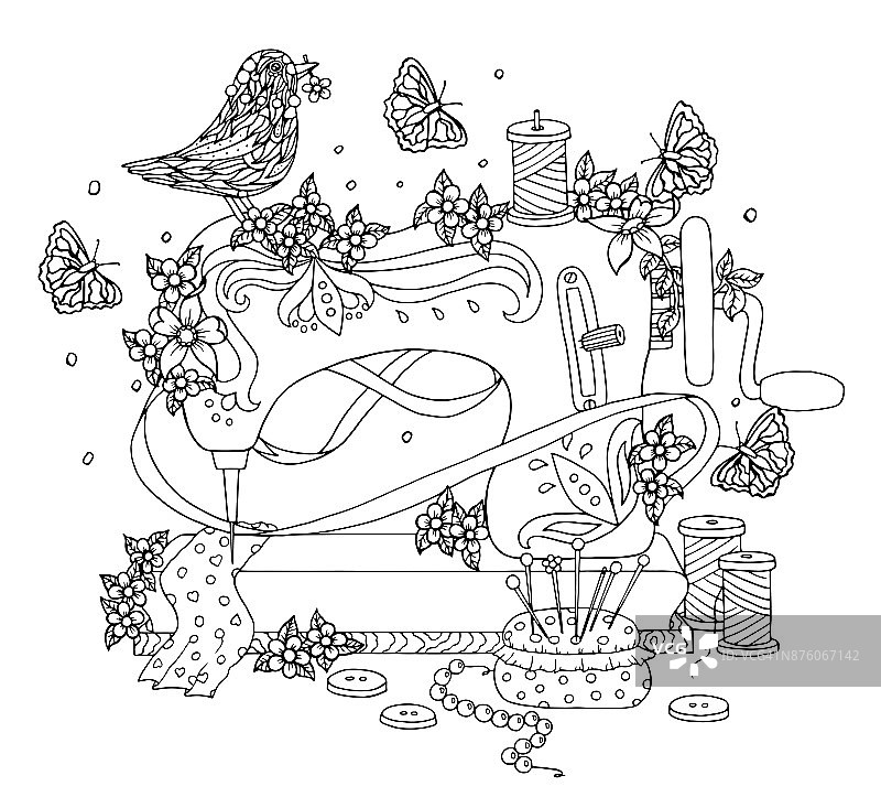 缝纫机上挂满了花和鸟。美丽的彩色页面图片素材