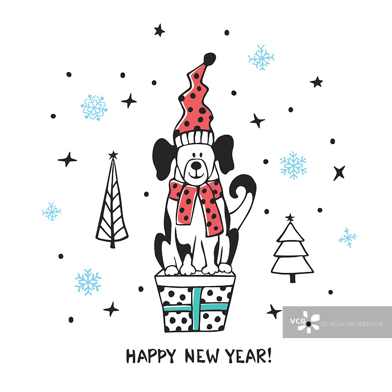 2018年新年贺卡背景与可爱的狗坐在礼物，星星雪花和圣诞派树纹理图片素材