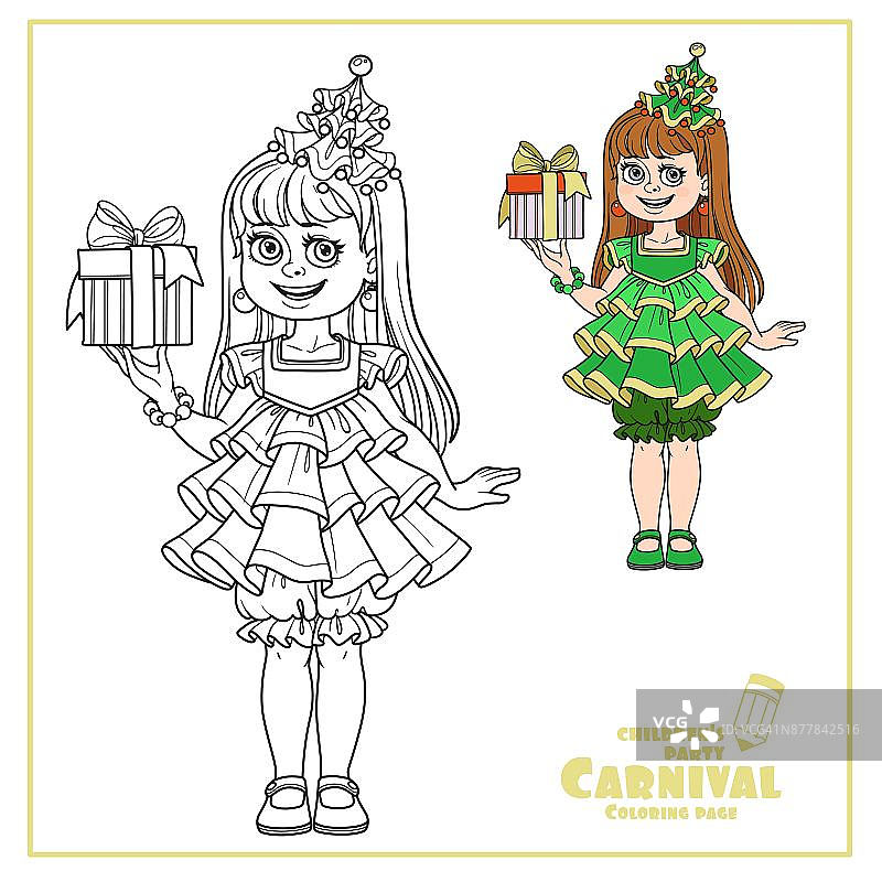 可爱的女孩在新年树连衣裙与一个礼物在手颜色和轮廓着色页图片素材