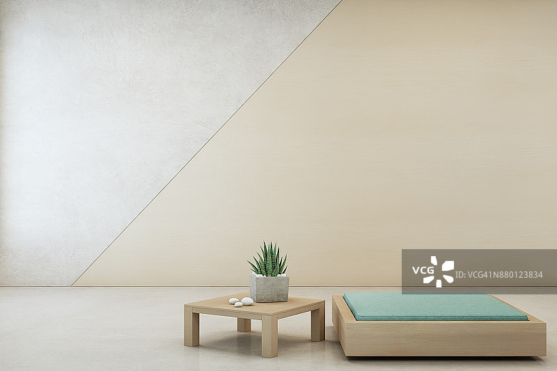 木质茶几上的室内植物和以空混凝土墙为背景的简约家具，是现代住宅客厅中的休息室图片素材