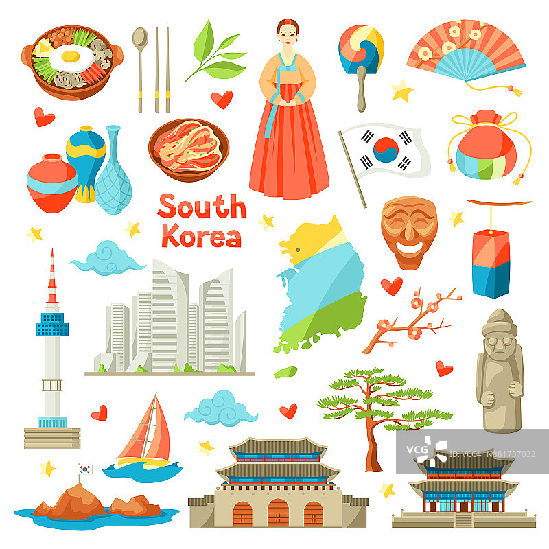 韩国图标集。韩国传统符号和物品图片素材