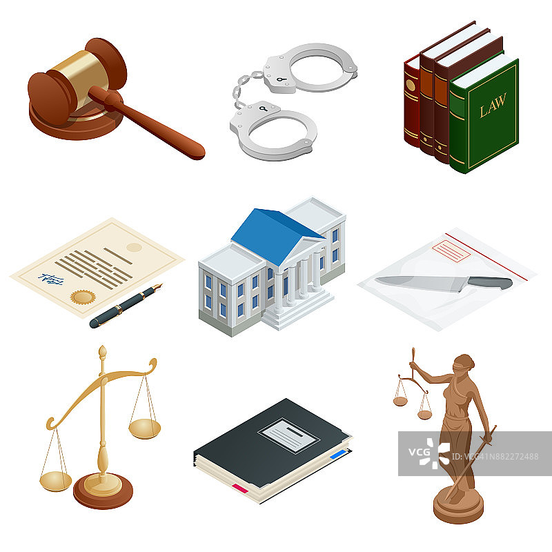 孤立的公共正义符号的等距图标。法律书，手铐，法官木槌，天平，纸，忒弥斯。矢量图图片素材