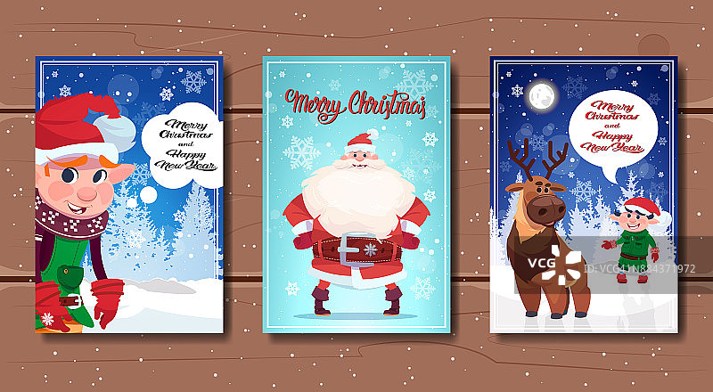 一套圣诞快乐和新年快乐海报与节日人物在冬季森林图片素材
