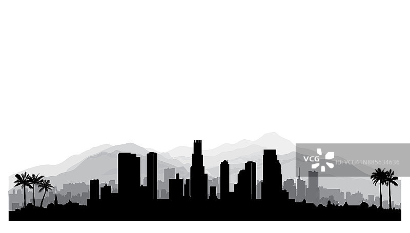 美国洛杉矶天际线。城市剪影摩天大楼，山脉和棕榈树。美国著名城市图片素材