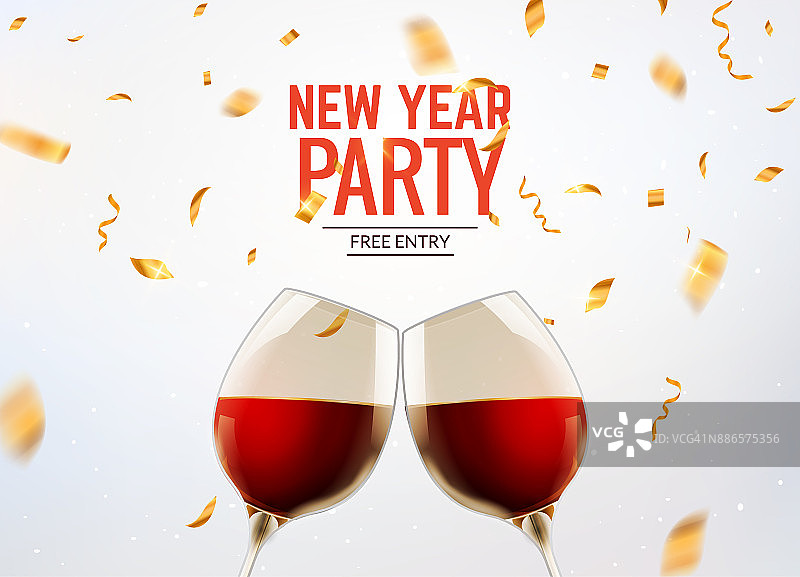 新年派对庆祝酒香槟背景。豪华双眼镜和五彩纸屑假日装饰图片素材