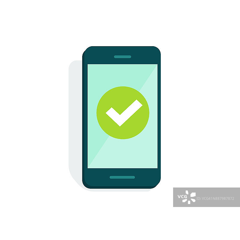 智能手机与复选框在显示矢量插图，平板卡通手机与绿色蜱隔离在白色，手机的概念调查做，接受图标，投票复选框，是按钮图片素材