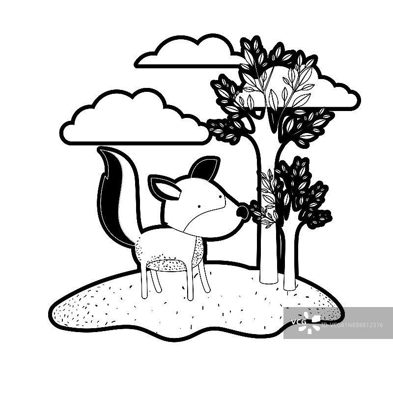 卡通中的狼在室外场景中以树和云的黑色剪影具有厚实的轮廓图片素材