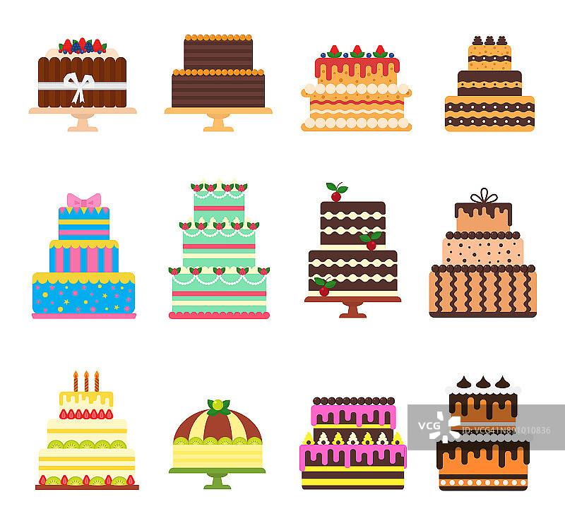 生日蛋糕矢量奶酪蛋糕纸杯蛋糕快乐的生日派对烘焙巧克力蛋糕和甜点从面包师设置插图孤立在白色背景图片素材