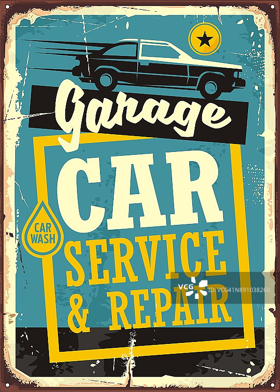 汽车服务和维修老式标志与汽车侧视图图片素材