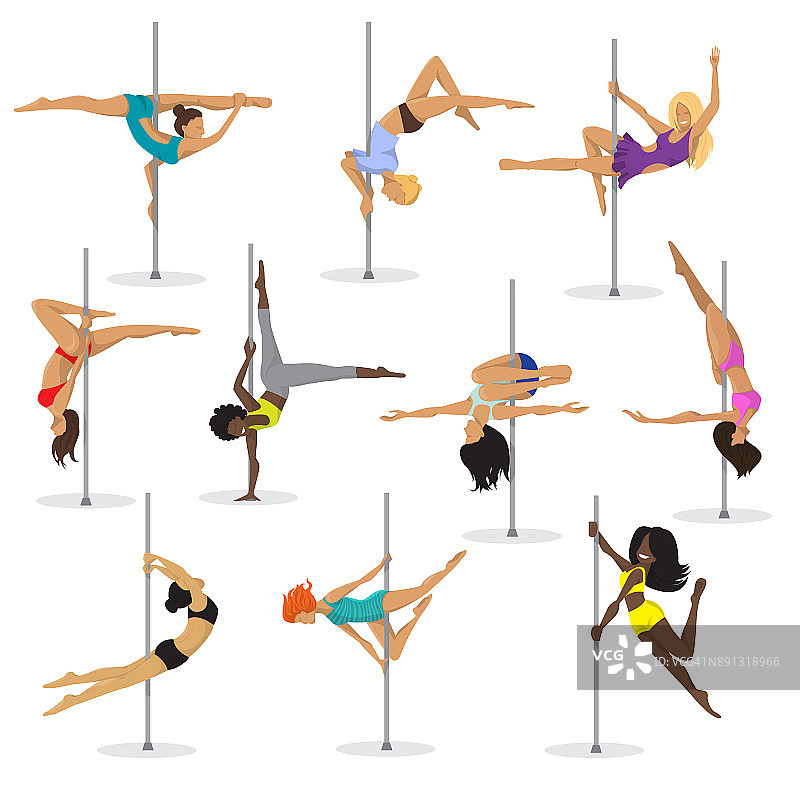 钢管舞女孩向量设置女人poledance舞者健身性感姿势脱衣舞姿势和舞蹈插图孤立在白色的背景图片素材