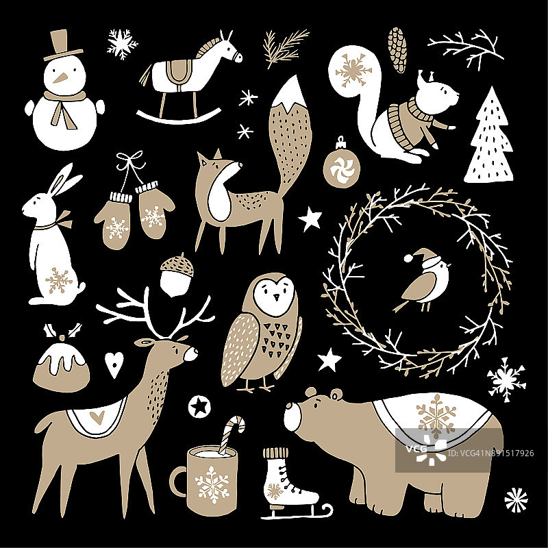 一套可爱的涂鸦草图。熊，兔子，驯鹿，狐狸，猫头鹰，松鼠和雪人的圣诞剪报艺术。斯堪的纳维亚设计。孤立的手绘矢量对象在黑色背景图片素材
