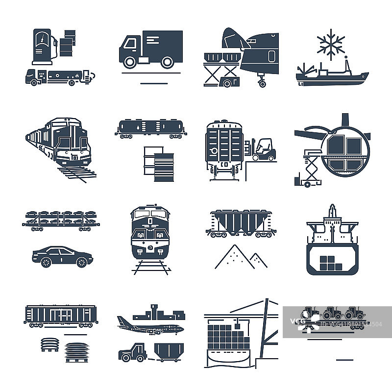 一套黑色图标的货物运输过程，船舶，火车，航空图片素材