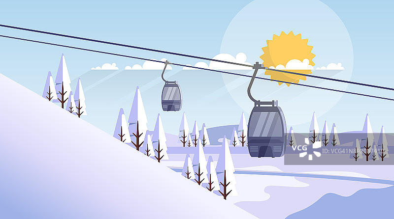 缆车运输绳索的方式越过山，山自然冬季背景横幅与复制空间平面矢量插图图片素材
