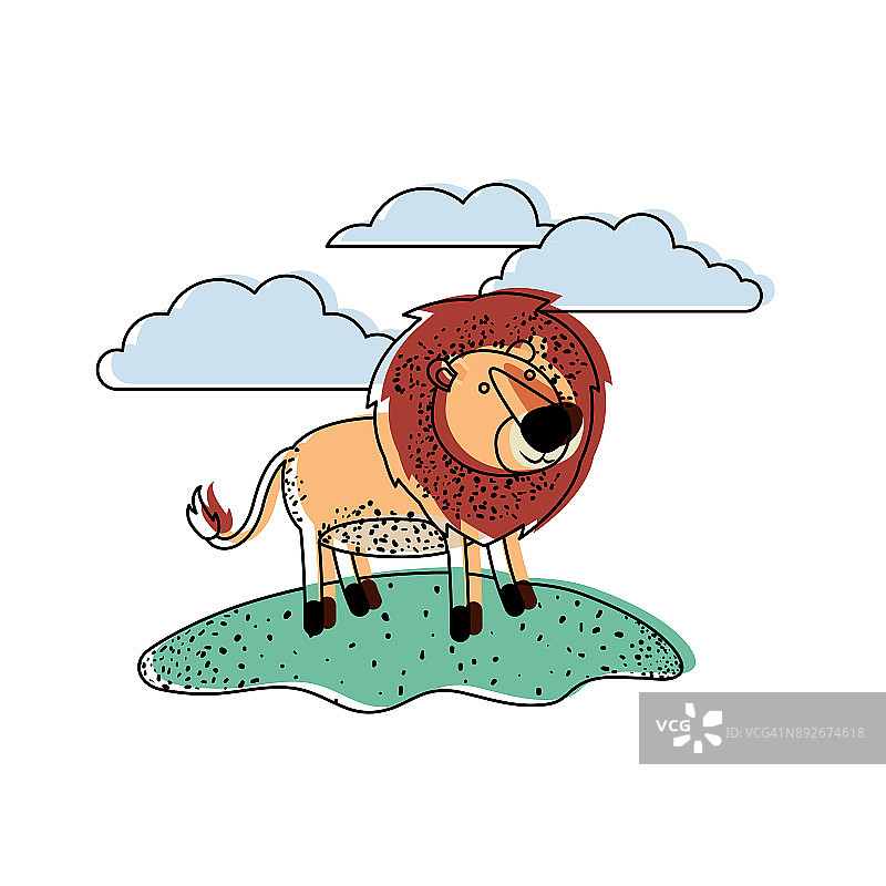 狮子卡通在户外场景与云彩在水彩剪影图片素材
