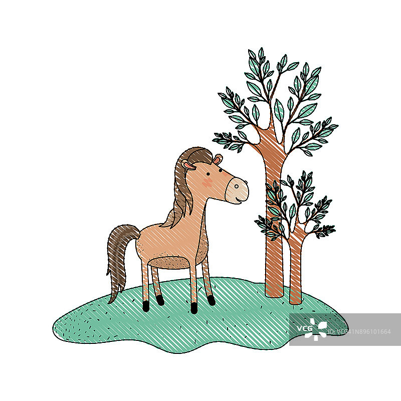 卡通中的马在森林里，旁边的树用彩色蜡笔剪影图片素材
