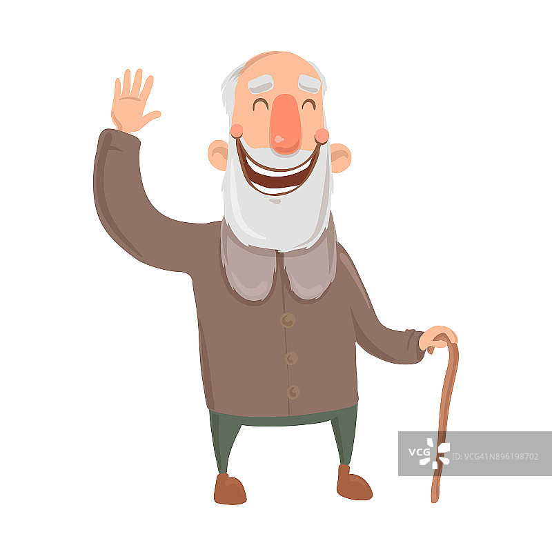 满脸胡须的老人挥舞着手杖。一位快乐的白发老人向你问好。卡通人物矢量插图。孤立的图像上的白色背景。图片素材