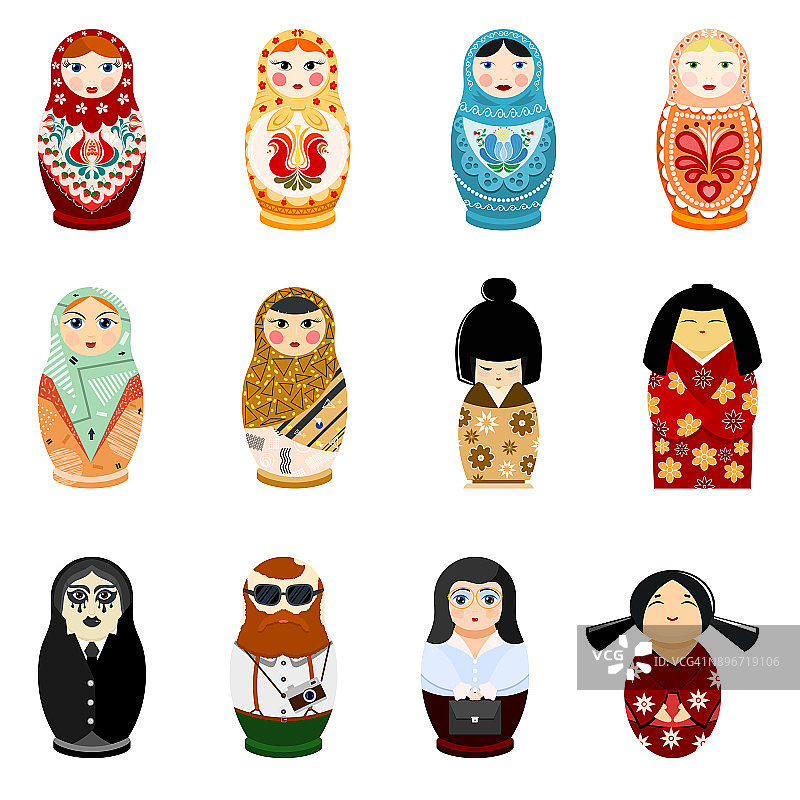 俄罗斯玩偶向量俄罗斯玩具俄罗斯民族传统象征不同民族游客日本阿拉伯插图孤立在白色背景上图片素材