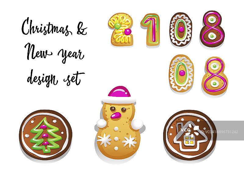 圣诞节和新年的不同可爱的姜饼饼干。矢量插图。图片素材