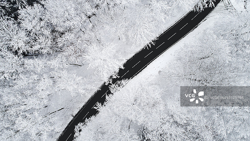 穿越冬季森林的道路-鸟瞰图图片素材