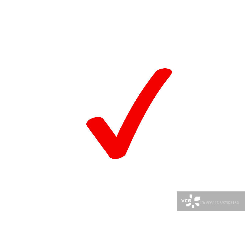 勾选图标矢量符号，标记红色复选标记孤立在白色，勾选图标或正确的选择符号涂鸦或手写风格，勾选标记或复选框象形图图片素材