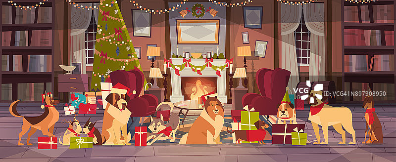 狗在圣诞老人的帽子在客厅装饰松树，圣诞快乐和新年快乐的假期海报设计图片素材
