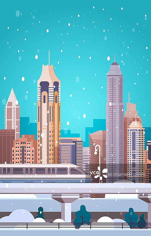 冬季城市景观建筑在雪中圣诞快乐，新年快乐背景竖横幅图片素材