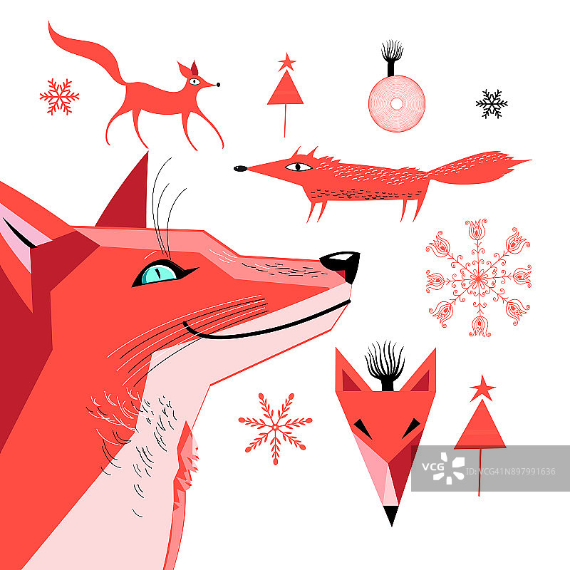 一组红色狐狸的图形图片素材