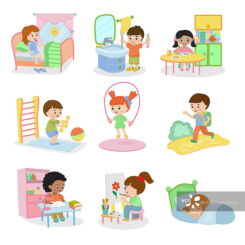 儿童日常活动向量设置儿童日常活动例行在童年性格活跃的儿童吃饭或学习插图睡觉的女孩或玩的男孩在儿童孤立在白色图片素材